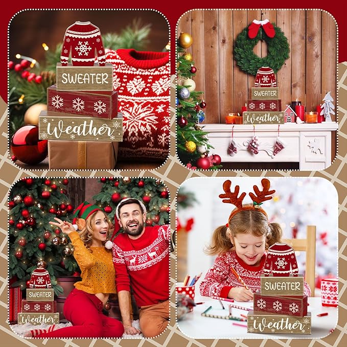 4 Pcs Christmas Table Decor Wooden Sweater Decoration Christmas Table Centerpiece Winter Tiered Tray Decor Decorative Sweater Block Signs Gift Farmhouse Xmas Decoration for Home Kitchen