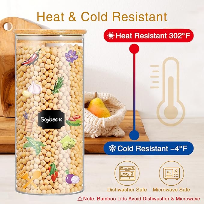 Glass Jars with Bamboo Lids, 58 oz 3 Pcs Kitchen Glass Containers with Bamboo Lids, Airtight Glass Pantry Storage Containers with Lids for Rice, Flour, Nuts, Cookie, Pasta, Oatmeal, Bean