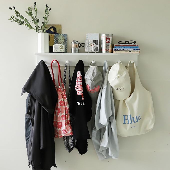Entrance Coat Rack ，Coat Hooks, Wall-Mounted Wooden Hook Rack, Wall-Mounted Shelves are Very Suitable (White Finish-2)