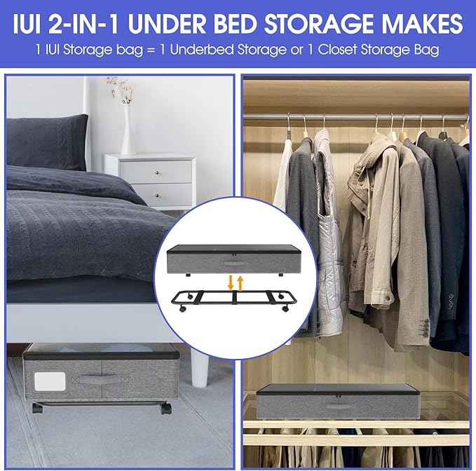 IUI Under Bed Storage with Wheels, 50L Capacity Under Bed Storage Containers, Under Bed Clothes Storage Containers with Clear Lid, Under Bed Storage Bins for Clothes,Shoes,Books,Toys,Gray,2 Pack