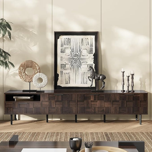 Modern TV Stand for TVs up to 85", Mid-Century Media Console with Checkered Cabinet Doors, Storage Drawers & Open Shelves, Wood Entertainment Center with Metal Legs