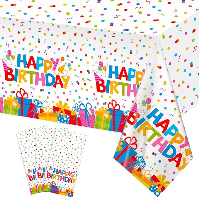 3 Pack Plastic Birthday Tablecloth, 54 x 108 Inch Disposable PE Happy Birthday Tablecloth Waterproof Rectangle Birthdays Party Table Cover for Birthdays Party Decorations