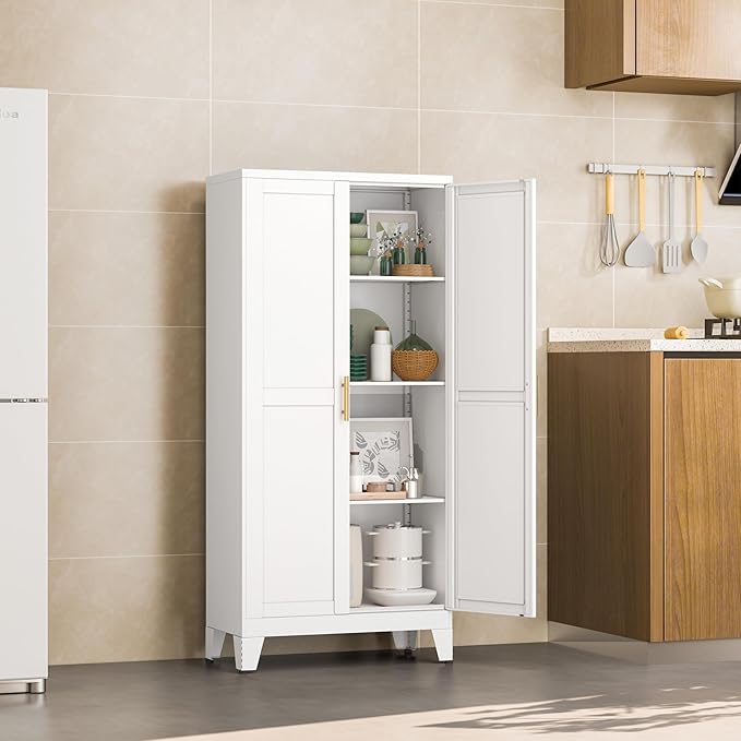 Metal Pantry Cabinet with 2 Doors and Adjustable Shelves, Kitchen Storage cabinets with Gold Handles, Versatile Storage for Laundry/Living Room,Bathroom,Dinning Room-White
