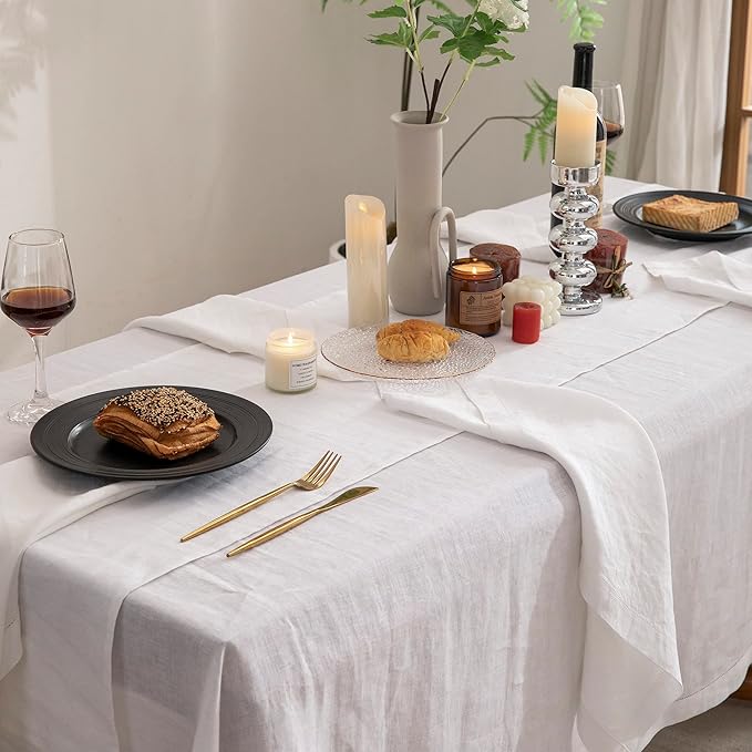 EVERLY 100% Pure Linen Rectangle Tablecloths 60x84Inches for Dining, Buffet Parties, Picnic,Events, Weddings and Restaurants, Decorative Halloween, Thanksgiving Machine Washable Tablecloths-White