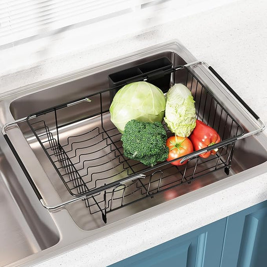 Dish Drying Rack in Sink, Over The Sink Colander Strainer Basket, Stainless Steel Strainer Basket with Expandable Rubber Grip Handles for Vegetables, Fruits, Home Kitchen Essentials, Black