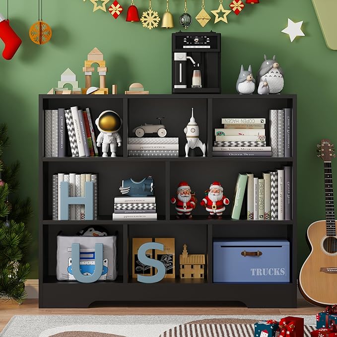 Book Shelf, 8 Cubes Storage Organizer, Freestanding Black Bookshelf Cube Shelf for Bedroom, Living Room, Home Office, 3-Tier Open Shelf Wooden Bookcase