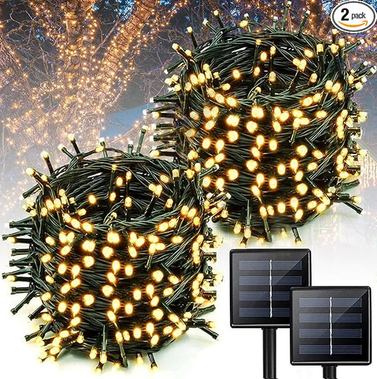 2 Pack Super Long Solar Christmas Lights Outdoor Waterproof, 400 LED 144FT Solar String Lights with Green Wire 8 Lighting Modes, Mini Led Twinkle Light for Xmas Tree Fence Yard Party Decor, Warm White
