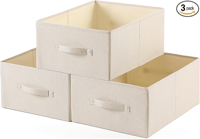 Linen Folding Storage Bins, 3 Pack Large Storage Baskets, Washable, Clothing Storage Bins with Handle, Closet Organizer for Storage Sweater,Sheets(Beige, 18½"x13½"x8½")