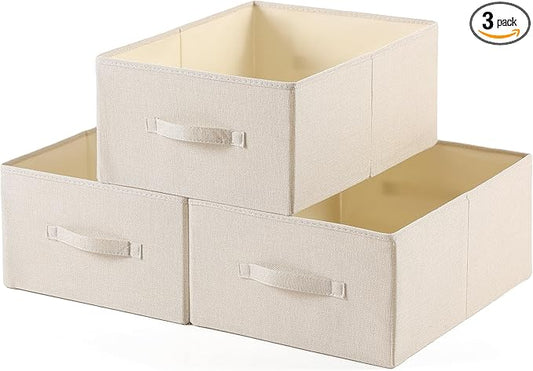 Linen Folding Storage Bins, 3 Pack Large Storage Baskets, Washable, Clothing Storage Bins with Handle, Closet Organizer for Storage Sweater,Sheets(Beige, 18½"x13½"x8½")