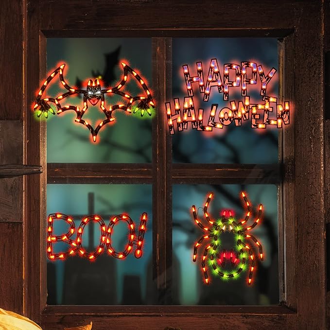 4-Pack Lighted Halloween Window Silhouette Decoration,Hanging Light Up Holiday Ornament( Cobweb,Jack-O-Lantern,Cat,Skull)