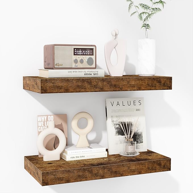 Fun Memories 16 Inch Floating Shelves - Deep Rustic Wooden Wall Shelves - Extra Deeper & Thicker Wall Mounted Storage Shelf for Bedroom, Kitchen, Farmhouse - 2 Pack, Rustic Brown