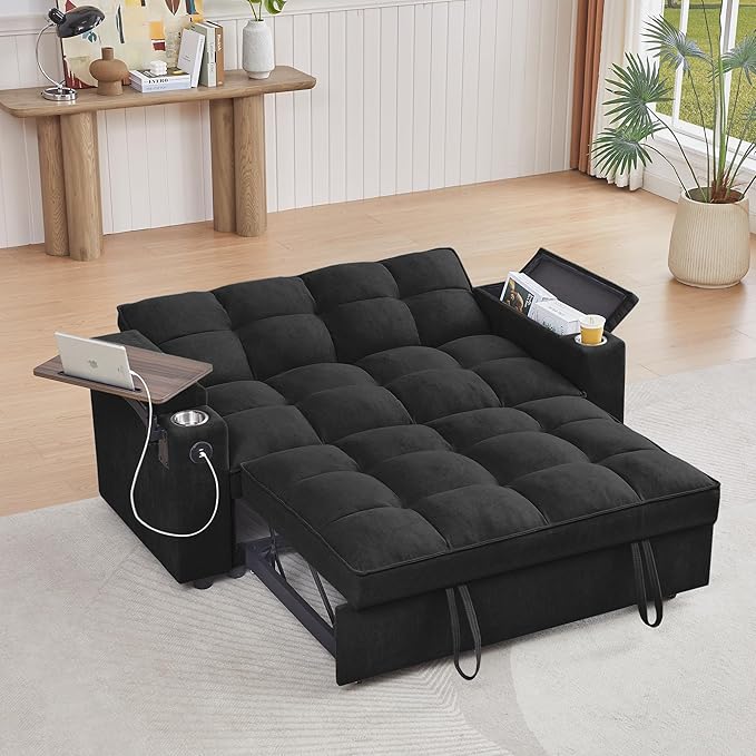 65'' 3-in-1 Folding Convertible Sofa Bed, Pullout Sofa, Modern Chenille Fabric, 360° Swivel Side Table, Easy Assembly, Perfect for Living Room, Black