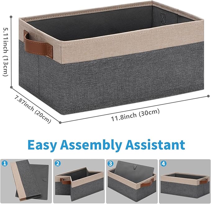 GhvyenntteS Small Fabric Storage Bins 12 Pack, 11.8" x 7.87" x 5.11" Storage Basket with Leather Handles, Closet Storage Bins for Shelves, Storage Baskets for Shelves, DVD Storage (Grey&Beige Yellow)