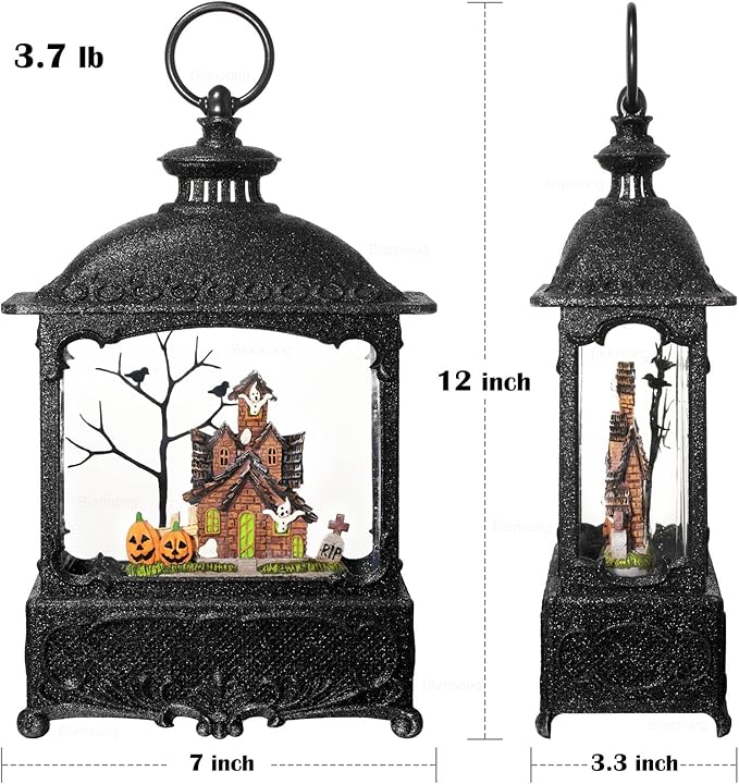 Halloween Snow Globe Lantern Ghost Snow Globe Halloween Decorations for Home Haunted House Pumpkin Ghost Tree Crow Rip Dancing Bats with Timer, USB and Battery Powered 12 inch