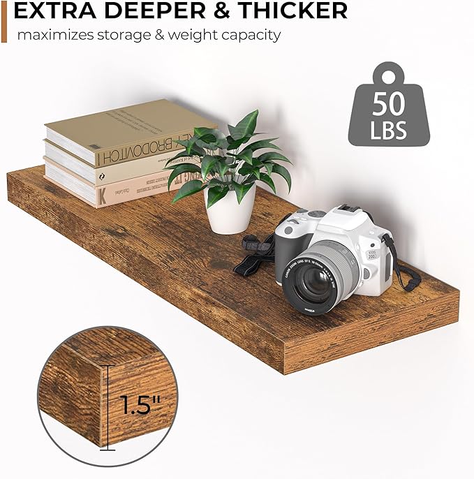 Floating Shelves - 2 Pack 9 Inch Rustic Wooden Wall Shelves - Extra Deeper & Thicker Wall Mounted Storage Shelf for Living Room, Kitchen, Farmhouse - 24" W x 9" D x 1.6" H - Rustic Brown