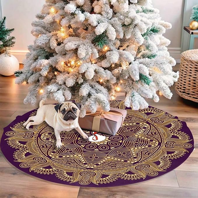 36" Dark Amethyst Purple Mandala Star Christmas Tree Skirt Tree Mat Base Cover for Xmas Festive Holiday Party Decoration Ornaments