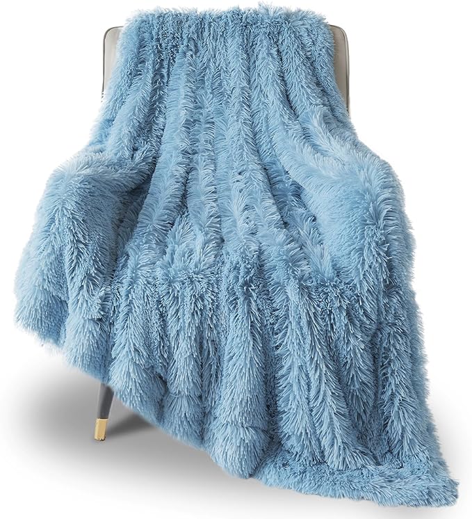 GONAAP Fuzzy Faux Fur Throw Blanket Twin Size Light Blue Super Soft Cozy Plush Fuzzy Shaggy Blanket for Couch Sofa Bed (Light Blue, Twin(60"x80"))
