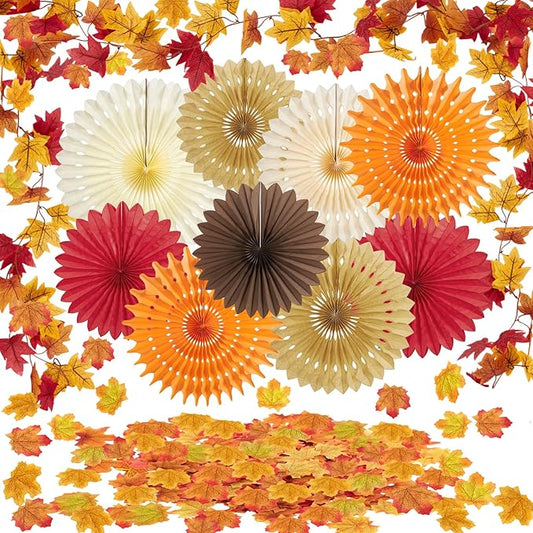 Fall Party Decorations, 9 Pcs Fall Paper Fans, 100 Pcs Artificial Maple Leaves and Fall Leaves Garland, Orange, Red, Ivory Colors for Thanksgiving, Harvest, Fall Wedding, Home Decor