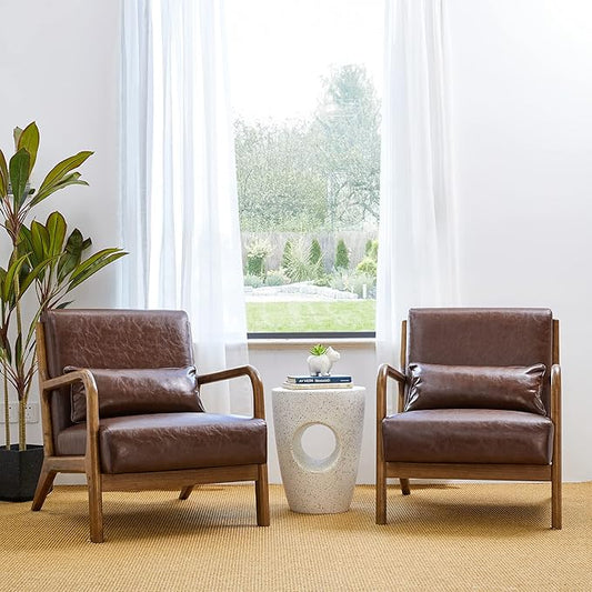 Glitzhome 2 Set Mid Century Coffee Accent Armchair, Single Reading Armchair PU Leather Lounge Chair with Walnut Ruberwood Frame