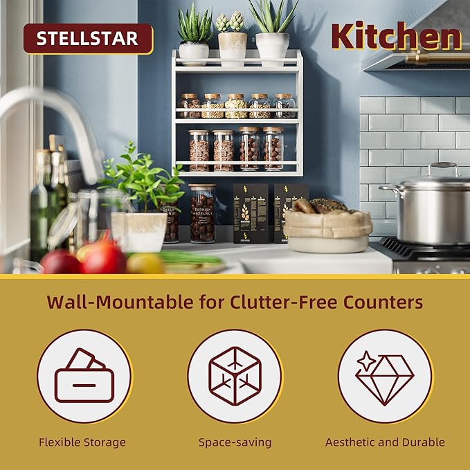 Spice Rack Wall Mounted, Freestanding Spice Organizer for Countertop, Bamboo Spice Storage Holder, for Kitchen Cupboard, Pantry, Bathroom (White)