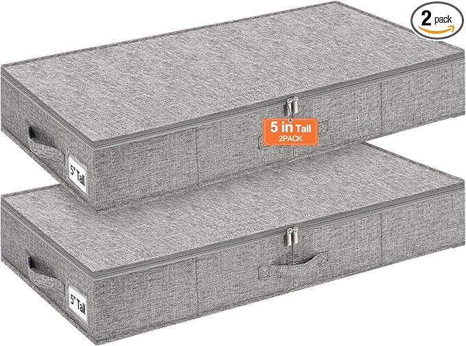 punemi Low Profile Under Bed Storage, 5 inches High Underbed Storage Containers With Sturdy Sidewalls & Bottom, Slim Under Couch Sofa Storage, Shallow Under Bed Organizer Clothes Storage Bins, 2Pack