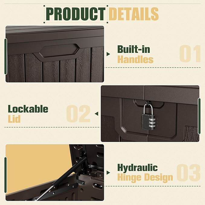 JUMMICO 250 Gallon Outdoor Resin Deck Box with Divider, Waterproof Storage Box with Lockable Lid&Side Handles for Garden Tools, Pools Supplies (Brown)