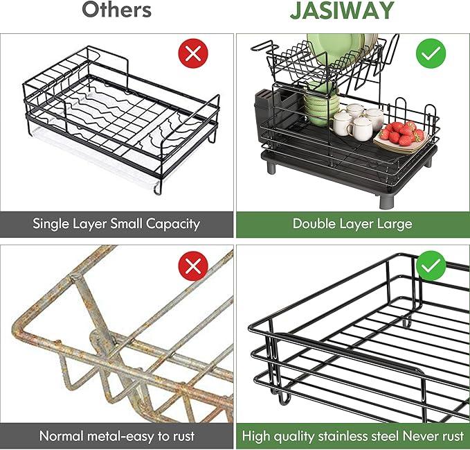 2 Tier Black Large Stainless Steel Dish Drainers Drying Rack for Kitchen Counter with Drainboard, Rust Proof Metal, Space Saving, Modern Aesthetic, Compact Plates Strainers with Extra Mat