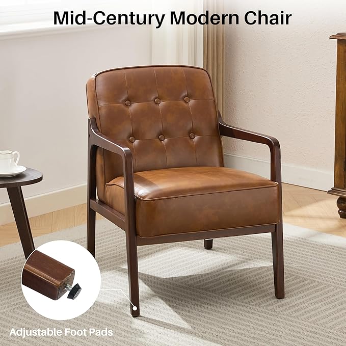 Faux Leather Accent Chair, Mid Century Modern Chair for Living Room, Upholstered Comfy Lounge Armchair with Solid Wood Frame, Reading Side Chair for Bedroom,105°Ergonomic Comfort, Brown