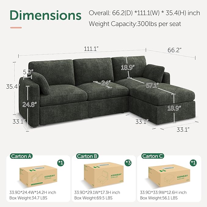 HONBAY Modular Sectional Couch with Storage Seats, L Shaped Sectional Sofa with Storage, Chenille Sectional Couches for Living Room, Green