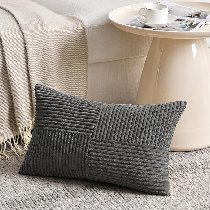 Fancy Homi 2 Packs Dark Gray Lumbar Decorative Throw Pillow Covers 16x32 Inch for Living Room Couch Bed Sofa, Farmhouse Home Decor, Soft Striped Corduroy Rectangle Accent Cushion Case 40x80 cm