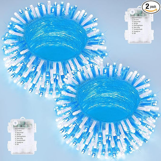 2 Pack String Lights Battery Operated with Timer, 66FT 200 LED Waterproof Battery Twinkle Lights, 8 Modes Fairy Light for Indoor & Outdoor Party Bedroom Christmas Decorations (Blue and White)