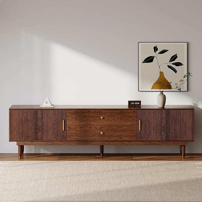 Mid Century Modern TV Stand for 75 inch TV, 78.7" Walnut TV Console with 2 Storage Cabinet & 2 Drawers, Entertainment Center, Media Console for Living Room/Bedroom