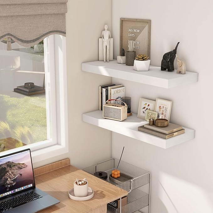 Fun Memories White Floating Shelves 30x 12 Inch, Deep Floating Shelf Wall Mounted, 12" Deep Wall Shelves for Books, Bathroom, Bedroom, Kitchen, Thicked Shelves for Home Storage & Display, Set of 2