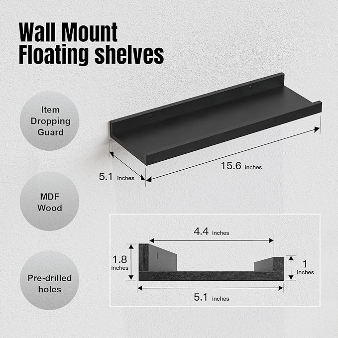 RICHER HOUSE 5 Set Floating Wall Mounted Shelves, Black Shelves for Wall Decor, Modern Picture Ledge Shelf with Lip for Storage, Nursery, Bedroom, Living Room, Bathroom - Black