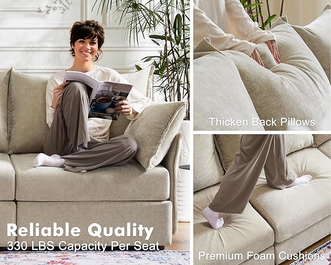 Luxury Modular Sectional Sofa, L-Shaped 3-Seat Couch with Storage Ottoman Deep Seat & Reversible Chaise Lounge Chenille Beige for Compact Spaces, Apartments, Dorm