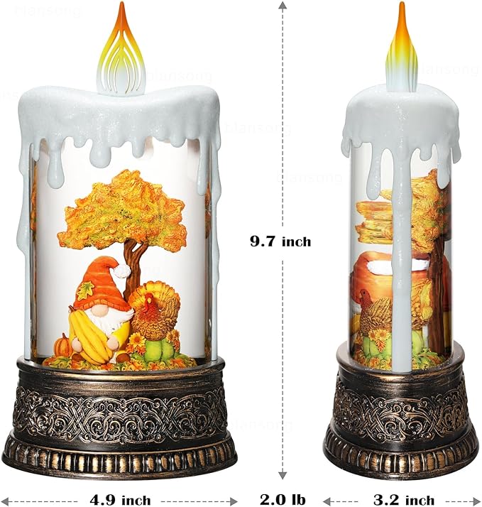 Fall Snow Globe Candle Fall Decorations for Home with Timer Gnome Turkey Pumpkin Autumn Harvest Fall Decor Indoor 9.7 inch