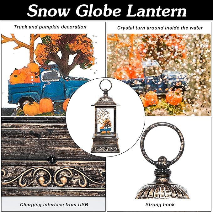 Fall Snow Globe Lantern, Thanksgiving Lighted Lantern, Swirling Glitter Snow Globe for Fall Harvest Day Decorations, Home Fall Decor, Halloween (Truck&Pumpkins)