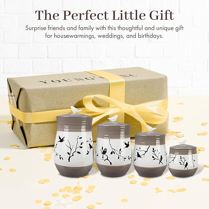 Young's Inc. 4 Pcs Set Botanical Ceramic Canisters- Storage Container for Kitchen and Bathroom - Beautiful Home Decor Accent to Store Food, Coffee, Tea, and More - Brown, White