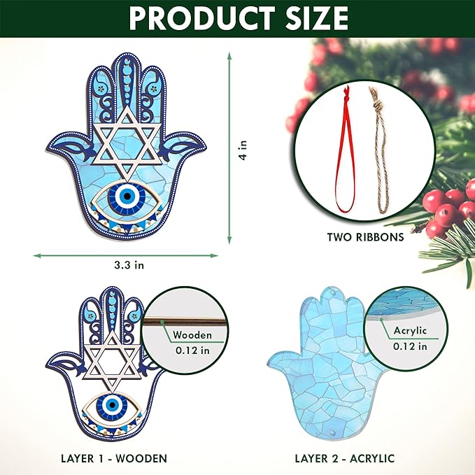 FLAGWIX Hanukkah Gifts for Women, Men - Christmas Ornament 2025, Hamsa Hand, Fatima Home Decor, Housewarming Gift Ideas, Spiritual Gifts - Christmas Decorations, Single Suncatcher Ornament