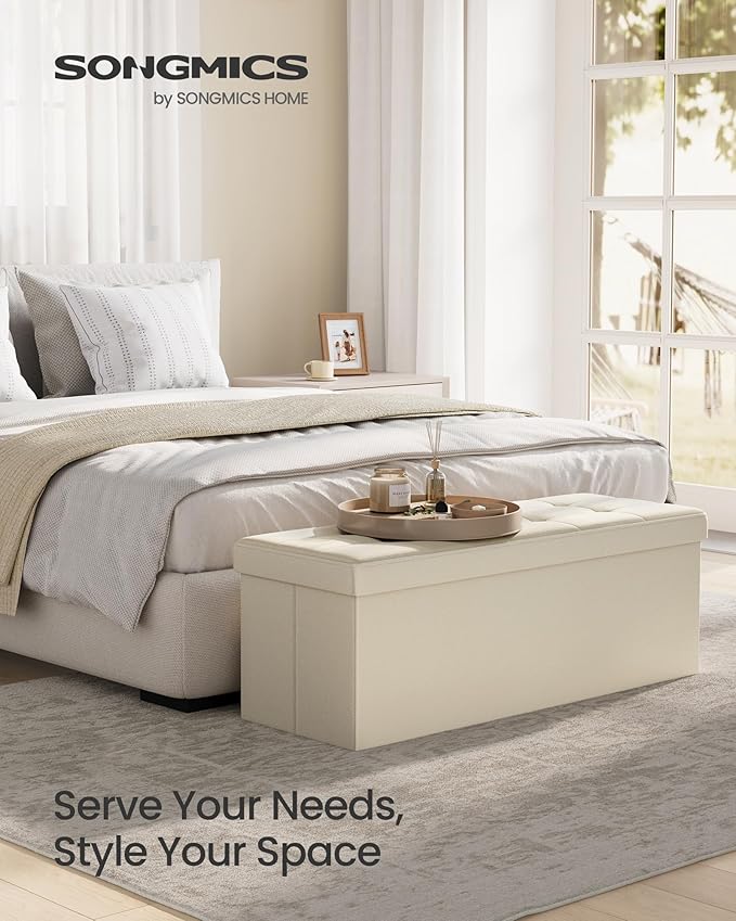 SONGMICS MAZIE Collection - 43 Inches Folding Storage Ottoman Bench, Ottoman Foot Rest, End of Bed Bench, Storage Chest, Load 660 lb, for Living Room, Bedroom, Entryway, Cream White ULSF77BE