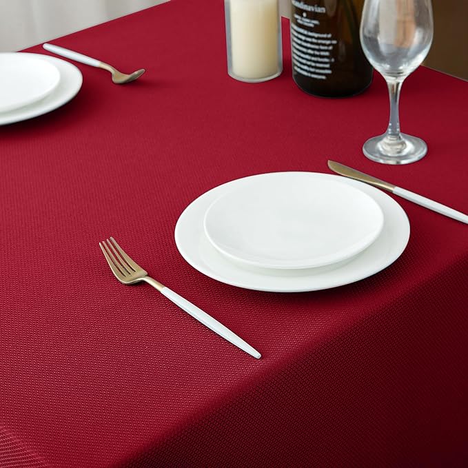 Biscaynebay Textured Fabric Christmas Rectangle Table Cloth 70x120 Inch, Red Water Resistant Tablecloths for Dining, Kitchen, Wedding and Parties, Machine Washable