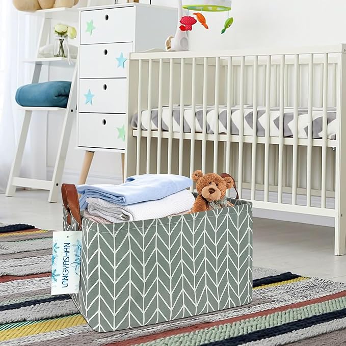 LANGYASHAN Rectangular Storage Bin Collapse Canvas Fabric Cartoon Storage Basket with Handles for Organizing Home Kitchen Boys and Girls Toys Office Closet Shelf Baskets (Rec Grey Point)