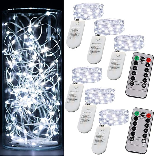 6 Pack Fairy Lights Battery Operated Mini String Lights with Timer 2PCS Remote 6.5ft 20LED Cool White Firefly Lights Waterproof Silver Wire Twinkle Lights DIY Mason Jar Wedding Party Christmas Decor