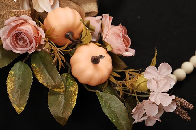 Fall Wreaths for Front Door, Autumn Wreath with Pumpkins, Berries and Leaves for Indoor Outdoor Porch Thanksgiving Farmhouse Harvest Halloween Home Décor (Pink Pumpkin)