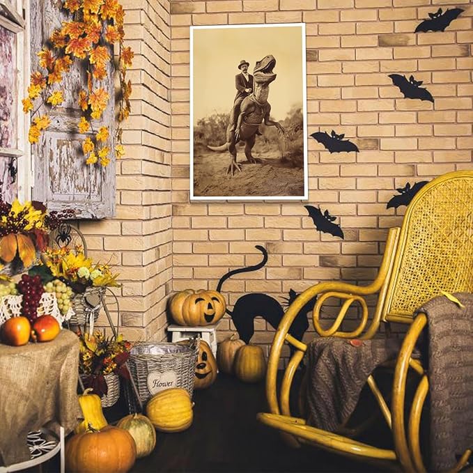 Goth Decor Antiqued Wicca Art Poster Dark Academy Dinosaur And Cowboy Canvas Wall Art Horror Posters Spooky Indoor Art Family Bedroom Office Space Decor 24X36inch Unframed