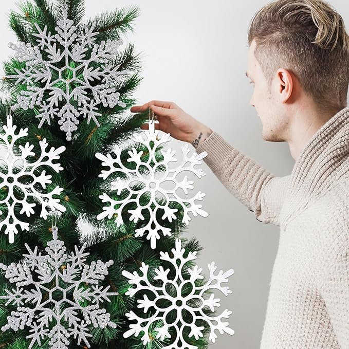 6pcs Large White Silver Snowflakes Ornaments Big Plastic Glitter Snowflake for Winter Indoor Outdoor Christmas Tree Window Room Decorations Giant Craft Snowflakes, 12/11.5 Inch