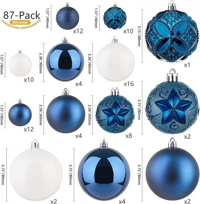 87-Pack Shatterproof Christmas Ball Ornaments Set, Christmas Tree Decorations with Hand-held Gift Package for Xmas Tree Holiday Wedding Party (Blue)