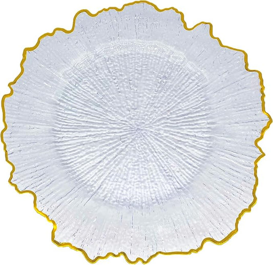 Henilosson 6 Pack 13" Plastic Round Reef Clear Charger Plates ，With Rim gold Dinner Acrylic Charger Plates (6，Reef Gold Clear)