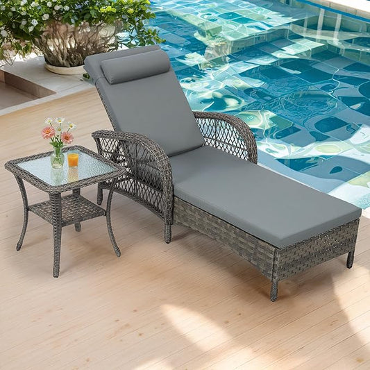VIVIJASON Outdoor Wicker Chaise Lounge Chair, All-Weather PE Rattan Cushioned Patio Lounger Set with Side Table, 6-Position Adjustable Outside Pool Sunbathing Recliner with Armrest & Pillow, Gray