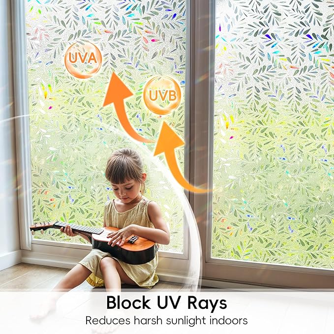 DUOFIRE Window Privacy Film Rainbow Window Film Decorative Leaves Pattern Window Cling Frosted Reusable Anti-UV Non-Adhesive Static Cling Privacy Film for Home Office 23.6 × 78.7 inches